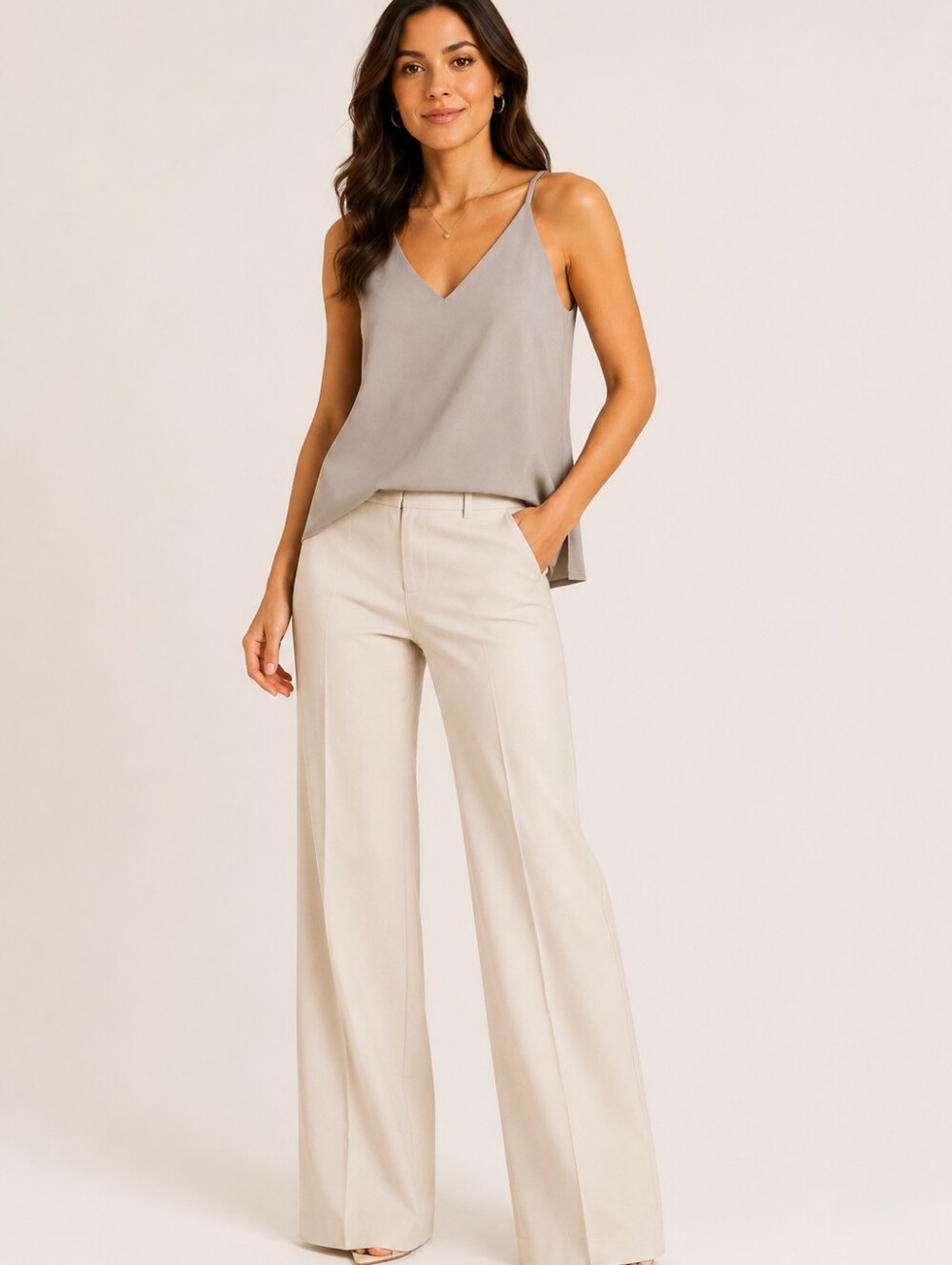 REVAMPED Grey V-Neck Tank Top Side Slits Sleeveless Blouse Formal Chic Camisole